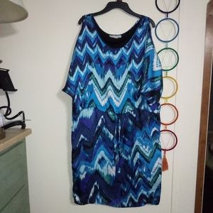 Jonathan Martin Blue Open Shoulder Chevron Stripe Silky Dress 10
